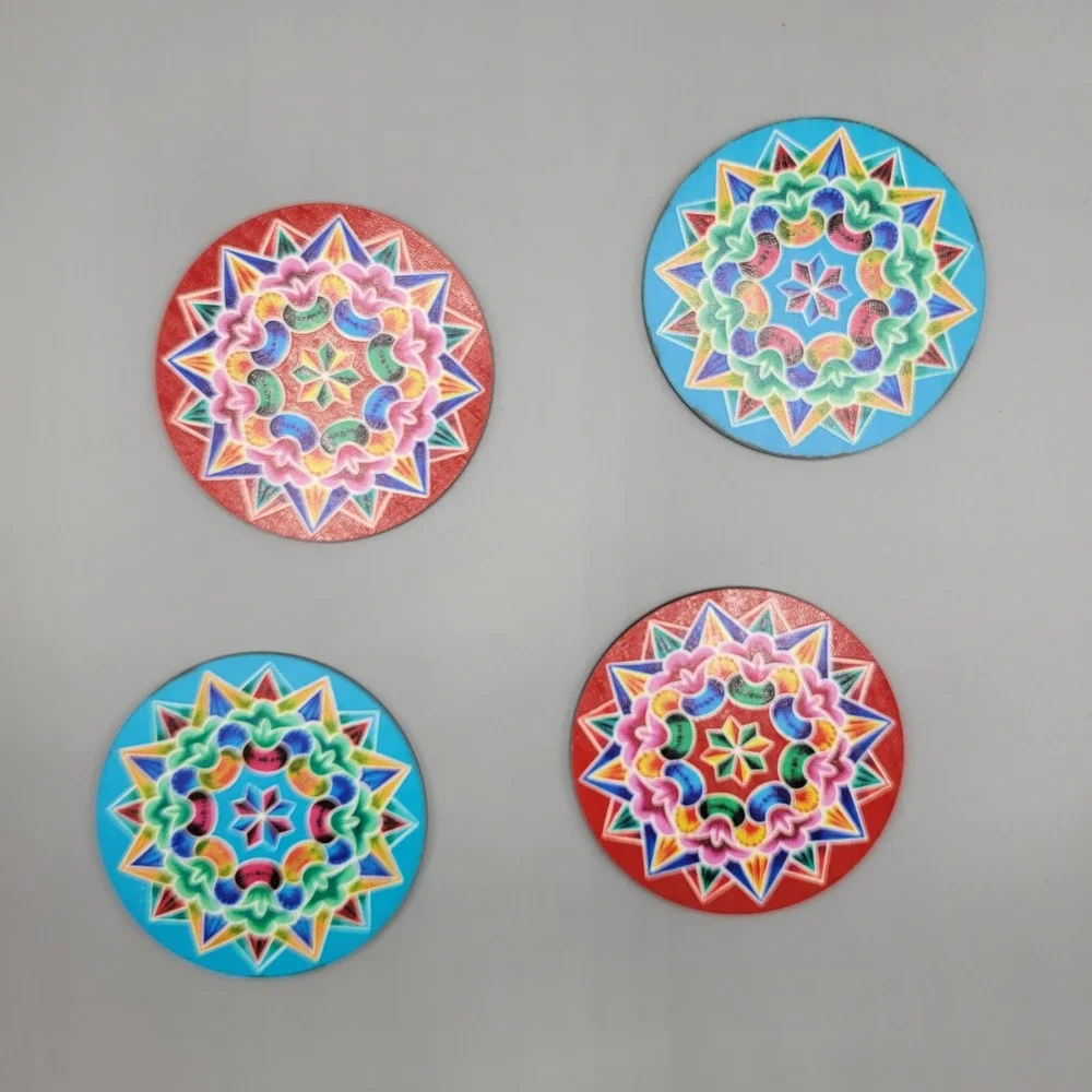 4 Piece Decorative Coaster Set Boho Folk Art Print Table Decor